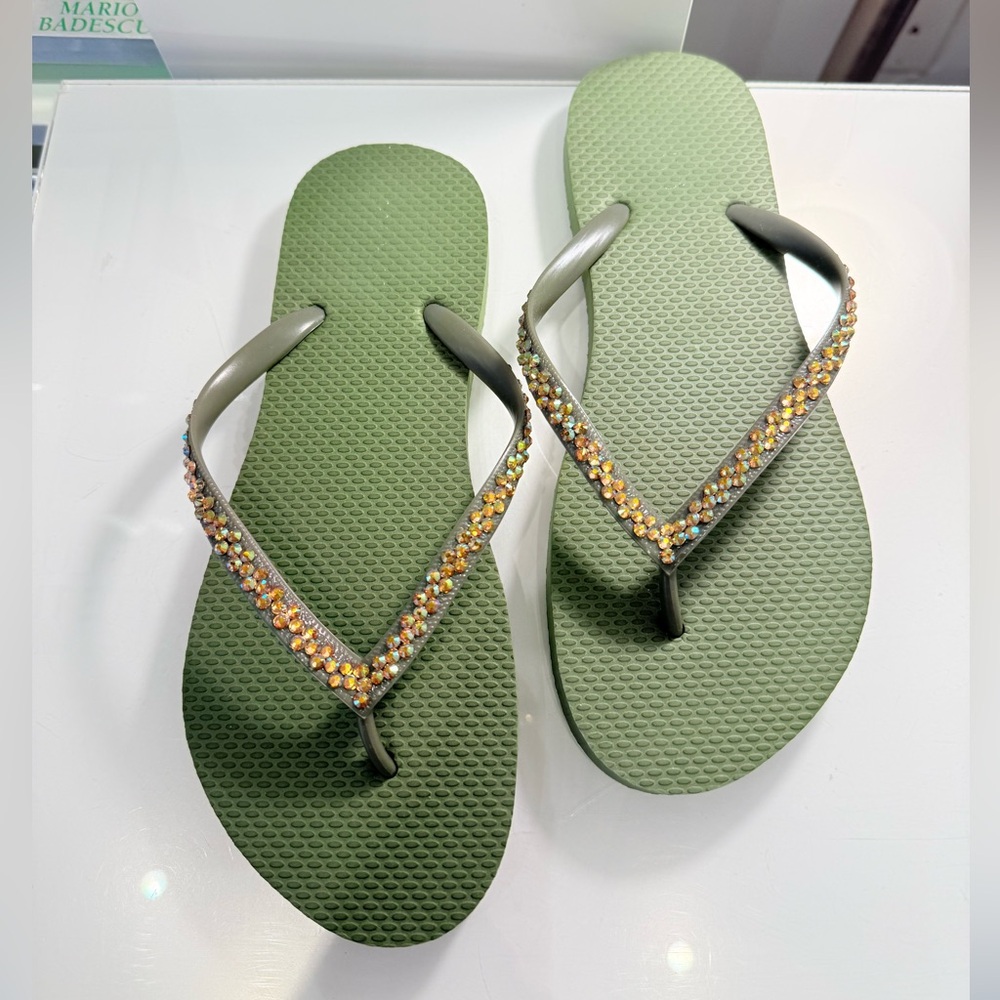 NEW NEVER WORN Embellished Green Flip Flops